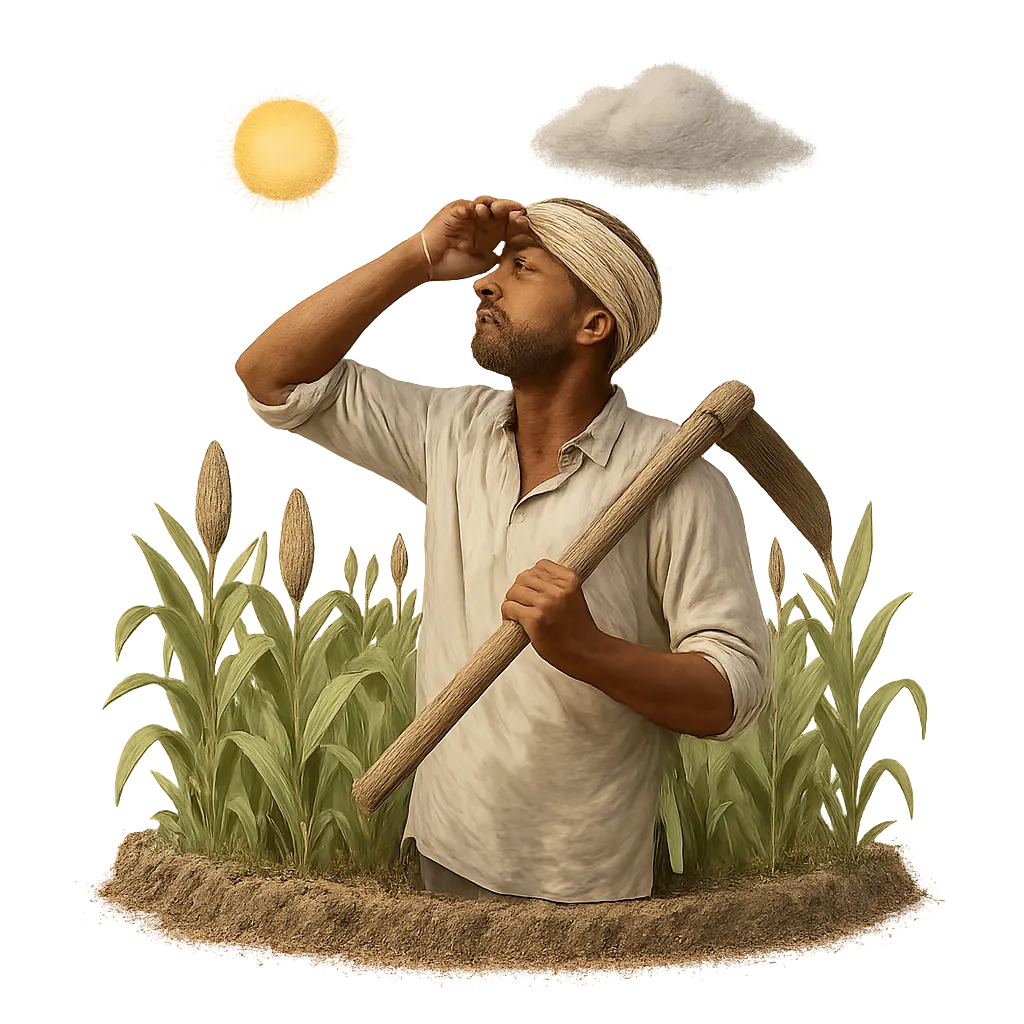 A farmer looking at the sky over his field