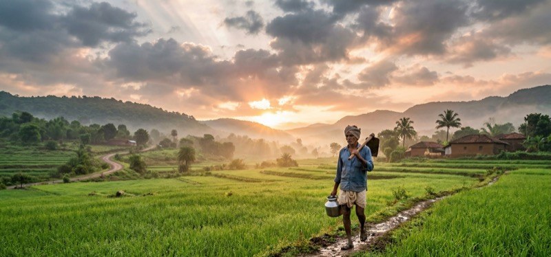 A farmer walking through a green field at sunrise