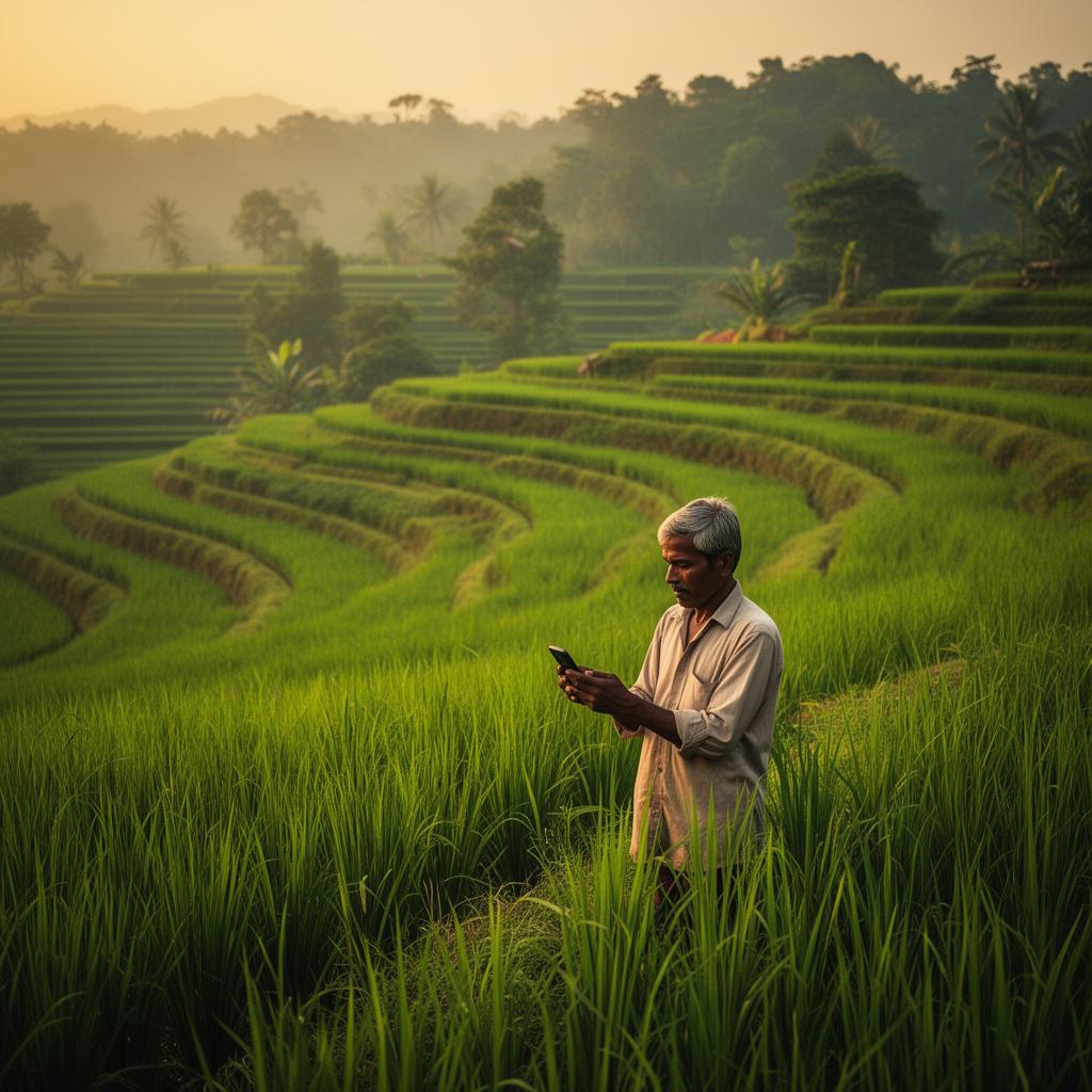 A farmer standing in a paddy field, checking his phone