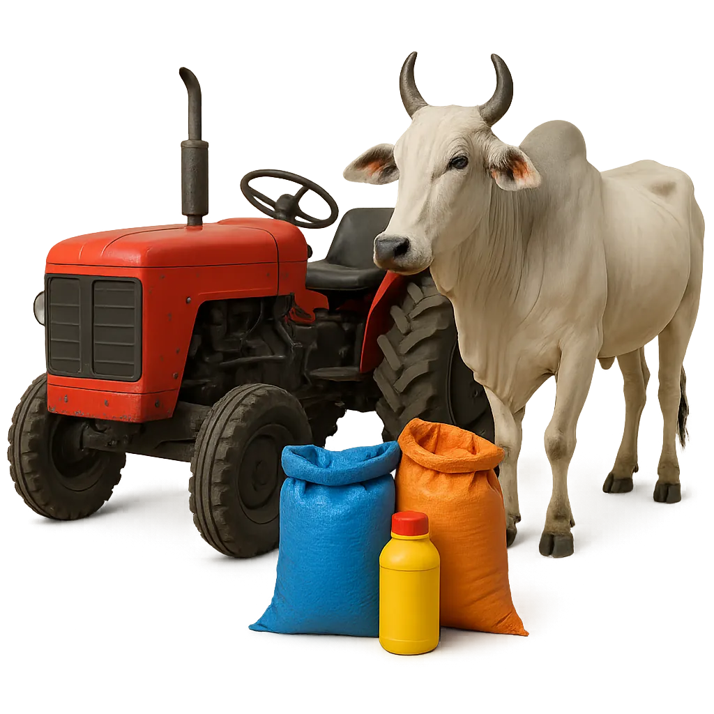 A tractor, a bullock and bags of farm inputs